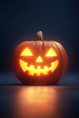 Halloween pumpkin with a carved face glowing on a dark background