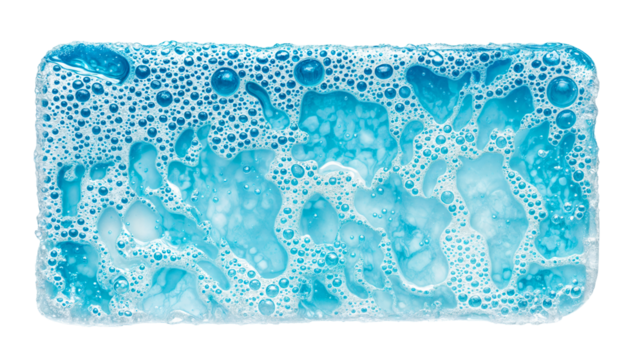 Blue soap bar with bubbles and foam, isolated on transparent background, refreshing cleansing product for skincare, hygiene, and personal care concept