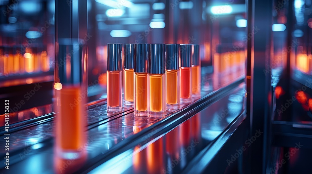 Poster a close-up shot of a row of lip gloss bottles on a conveyor belt in a factory setting, with warm lig