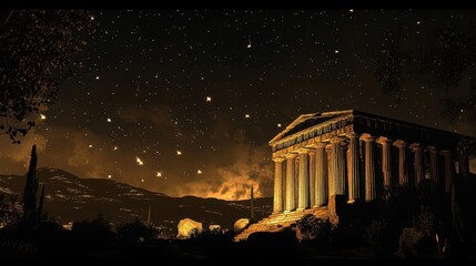 Obraz premium Soft light on a Greek temple at night starry sky adding majesty to the illuminated structure