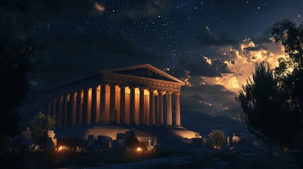 Obraz premium Greek temple lit at night casting shadows with a starry sky above creating a dramatic scene