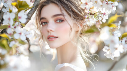 Fototapeta premium Young woman with soft features gazing at camera surrounded by blooming cherry blossoms in a serene outdoor setting