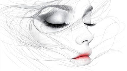Fototapeta premium A sketchy drawing of a love-inspired mask, featuring delicate, swirling lines that form heart-like patterns around the eyes and mouth. The design is abstract yet expressive, with l