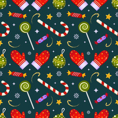 Christmas pattern with Christmas tree toys and candies isolated on a dark background. Vector graphics.