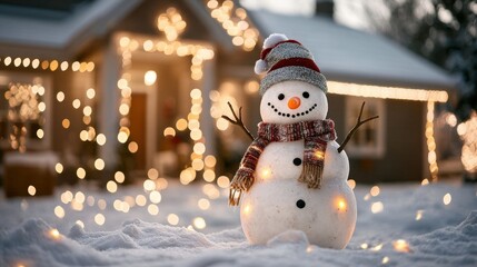 Obraz premium Cheerful Snowman with a Carrot Nose, Scarf, and Santa Hat in a Festively Decorated Yard with Christmas Lights