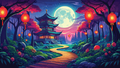 chinese landscape with full moon