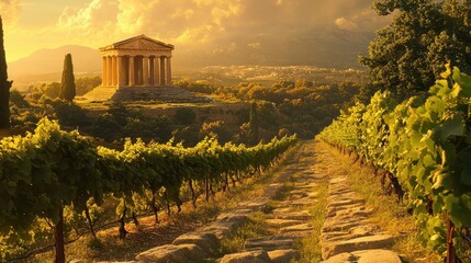 Vineyards surround a Greek temple with the setting sun casting a golden glow across the scene
