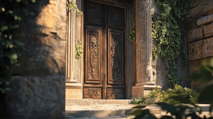 Fototapeta premium Intricately carved doors of a Greek temple soft light illuminating the stone courtyard
