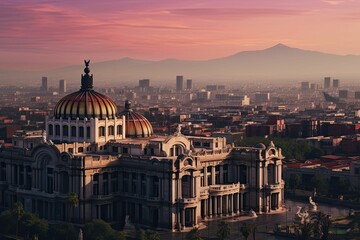 Fototapeta premium Palace with dome, city skyline, sunset sky.