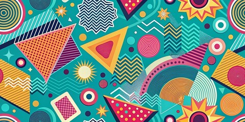 Naklejka premium A vibrant tapestry of geometric shapes and patterns, a kaleidoscope of color and form, playfully dancing on a teal canvas.