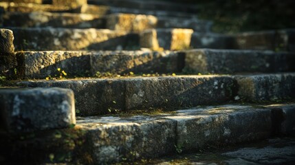 Worn theater steps with moss growing between cracks sunlight creating a soft natural scene