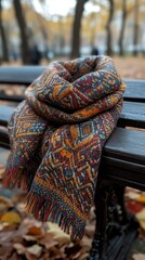 Colorful Scarf on a Bench, Autumn Illustration