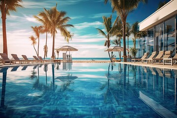 Fototapeta premium Tropical resort pool with beach view.