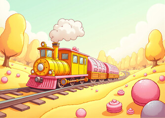 Cartoon train traveling through a colorful candy land