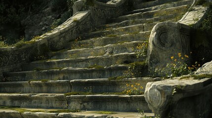 Obraz premium Greek theater’s stage weathered stone with shadows and cracks revealing its history