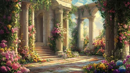 Greek temple covered in blooming vines and wildflowers sunlight creating a serene atmosphere