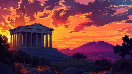 Obraz premium Temple in sunset hues deep orange and purple light highlighting the stone with mountains in silhouette