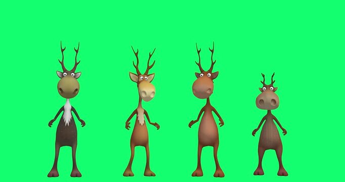 A 3D animated lively sequence of four cartoon reindeer dancing in sync, each with expressive movements on a green screen.