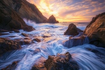 Obraz premium Long-exposure shot of water flowing down the rocks at golden hour, showcasing dramatic shapes and colors at a beach.
