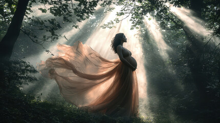 Pregnant woman in flowing dress standing in sunlit forest, surrounded by mist and beams of light filtering through trees