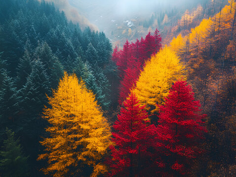 An aerial view of a misty forest showcasing vibrant red and yellow autumn foliage against a backdrop of evergreen trees. - Powered by Adobe