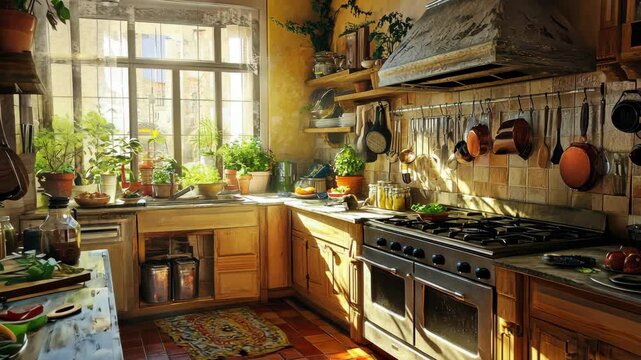 A rustic kitchen bathed in warm sunlight, featuring a large window overlooking a lush garden