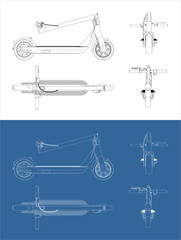 set vector folded electric scooter . modern eco friendly vehicles line art draw blueprint from all view isolated in transparent background 