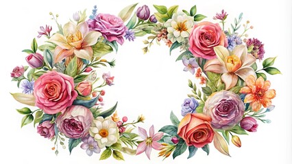 A Circular Floral Frame Composed of Delicate Watercolor Blooms, Featuring Roses, Daffodils, and Other Spring Flowers