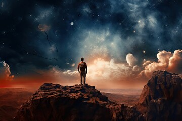 Fototapeta premium Man standing on cliff overlooking a desert landscape.
