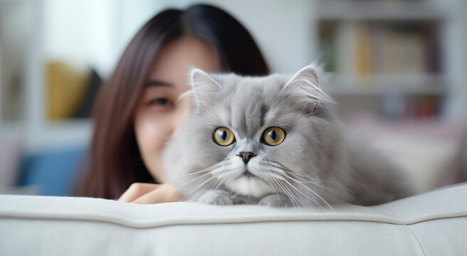 Gato persa en casa sobre el sof&aacute; con su due&ntilde;a detr&aacute;s.
