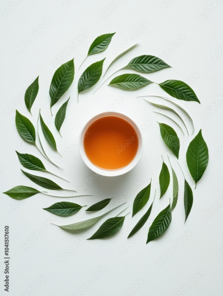 Canvas Prints A delicate tea cup filled with warm tea is elegantly encircled by fresh green leaves, forming soft, natural waves on a plain surface. Generative AI