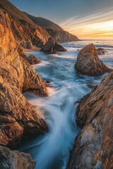 Obraz premium Long-exposure shot of water flowing down the rocks at golden hour, showcasing dramatic shapes and colors at a beach.