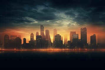 Fototapeta premium Silhouetted cityscape reflected in water.