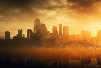 Silhouetted city skyline at sunset, reflected in water.