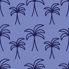 Palm tree. Purple sketch. Endless vector pattern. Outline on isolated purple background. Doodle style. Seamless ornament of tropical trees. Exotic plant with mighty trunk and large leaves. 