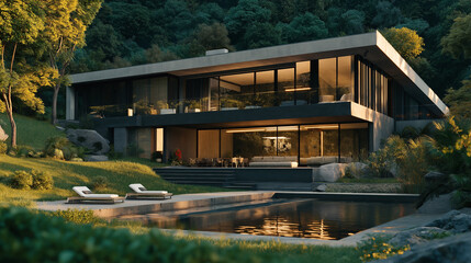 Obraz premium Modern luxury home with infinity pool and stunning views. Architectural design with sleek lines and large windows overlooking lush greenery.