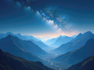 Winding river flowing through mountain valley under milky way