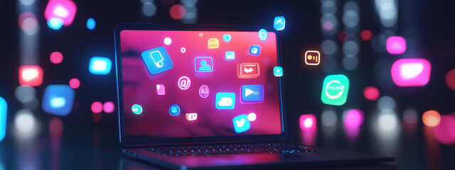 Obraz premium High-Tech Laptop with Floating Digital Services Icons