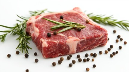 Fototapeta premium Fresh Raw Meat with Herbs and Spices on White Background