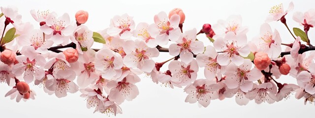 Pink cherry blossoms blooming on branch.