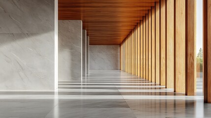 Fototapeta premium Captivating wall design where horizontal wooden panels contrast beautifully with vertical marble slabs offering a dynamic and modern aesthetic that elevates any interior space