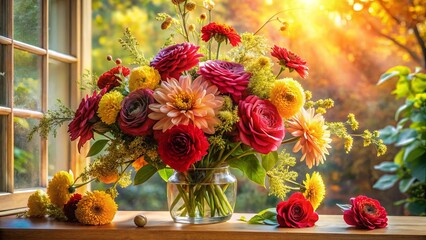 A colorful bouquet of vibrant blossoms, arranged in a glass vase, sits on a wooden windowsill, bathed in the golden glow of the late afternoon sun.