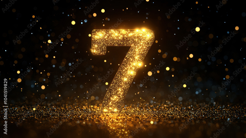 Aufkleber sparkling golden number 7 with glittering sparkles in luxurious 3d render