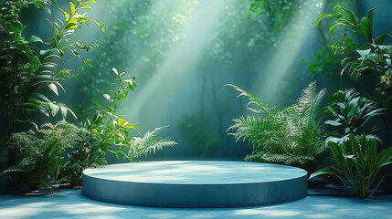 Natural Studio Podium with Greenery for Beauty Product Display and Cinematic Lighting