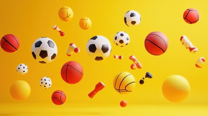 Naklejka premium Dynamic composition of various sports balls including soccer, basketball, rugby, and volleyball on a vibrant yellow background