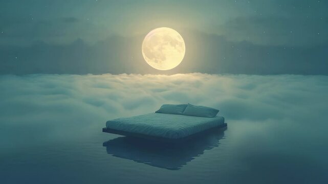 A bed floating among soft clouds beneath a full moon, creating a surreal and dreamy night scene, evoking tranquility and wonder.