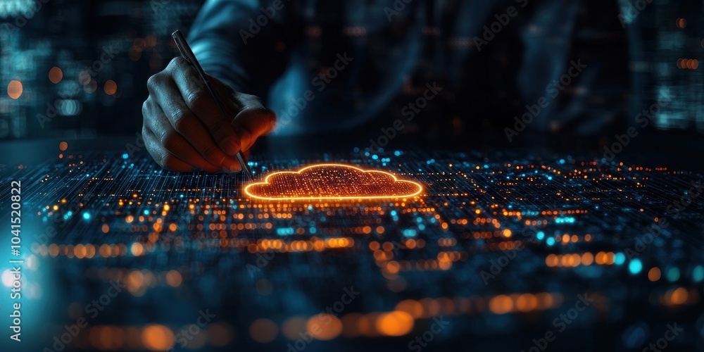 Poster hand drawing a glowing cloud symbol on a digital interface