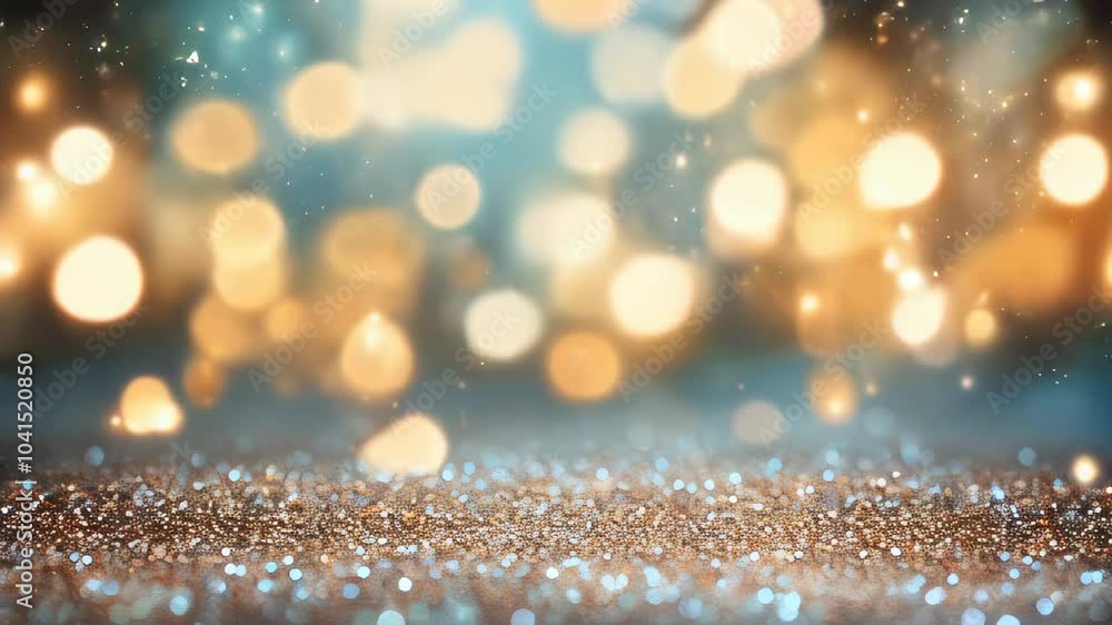 Poster soft golden bokeh lights with a glittering, sparkling surface in the foreground, creating a festive 