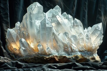 Apophyllite crystal cluster on black velvet with dramatic lighting and intricate detail