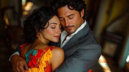 Fototapeta premium A Colombian woman in a colorful dress hugs an Italian man in a tailored suit.